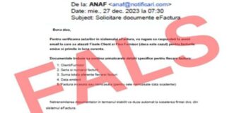 Campanie de mesaje false în numele ANAF. Firmelor li se cer documente “pentru verificarea setărilor în sistemul eFactura”